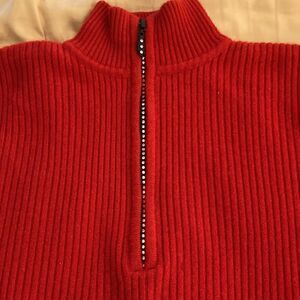Women’s Ribbed Wool Blend Red Sweater with Black & Rhinestone 1/4 Zipper. Size S